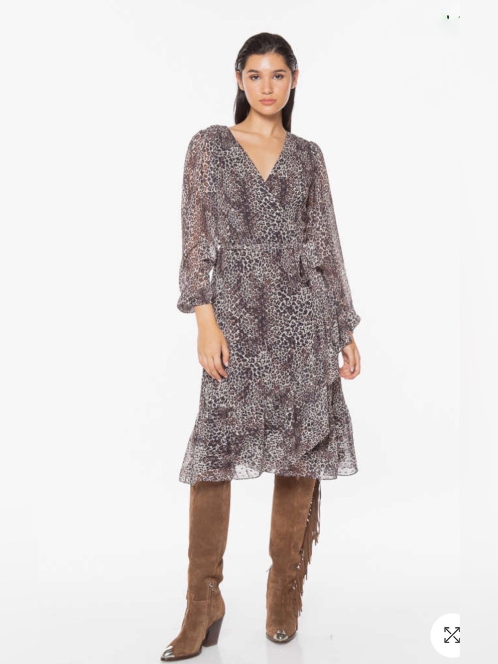 Guess Nina Leopard Animal Print Ruffle Belted Wrap Midi Dress Long Sleeves VNeck